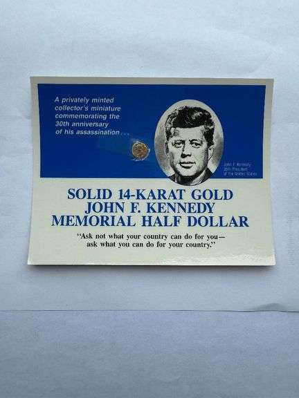 Two Solid 14 K Gold JFK Memorial Half Dollars.