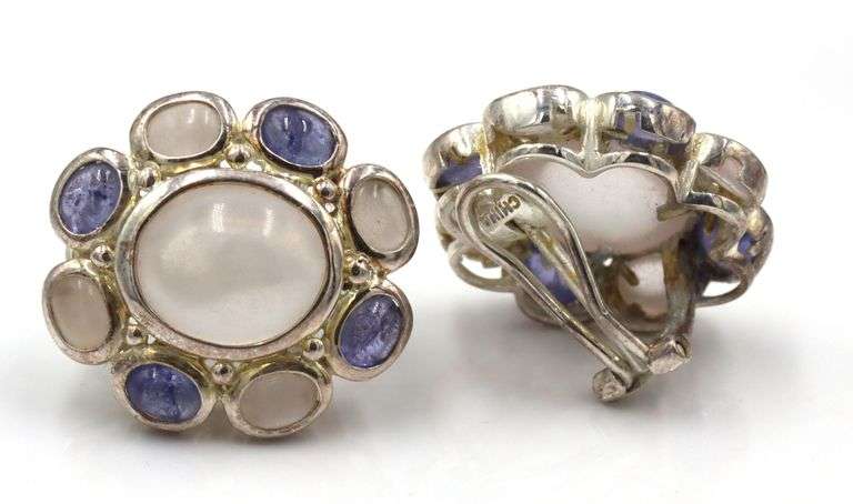 925 Sterling Silver Blue Calcedoney And Quartz Set Of Earrings And Ring