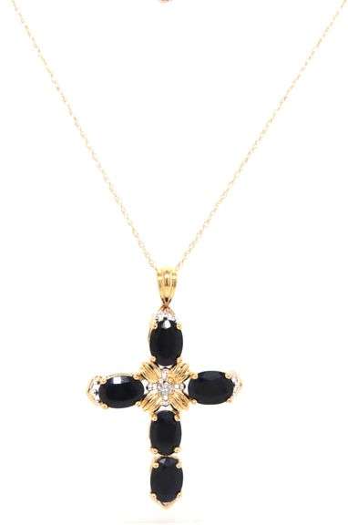 14kt Yellow gold blue sapphire and diamond accent cross pendant on chain