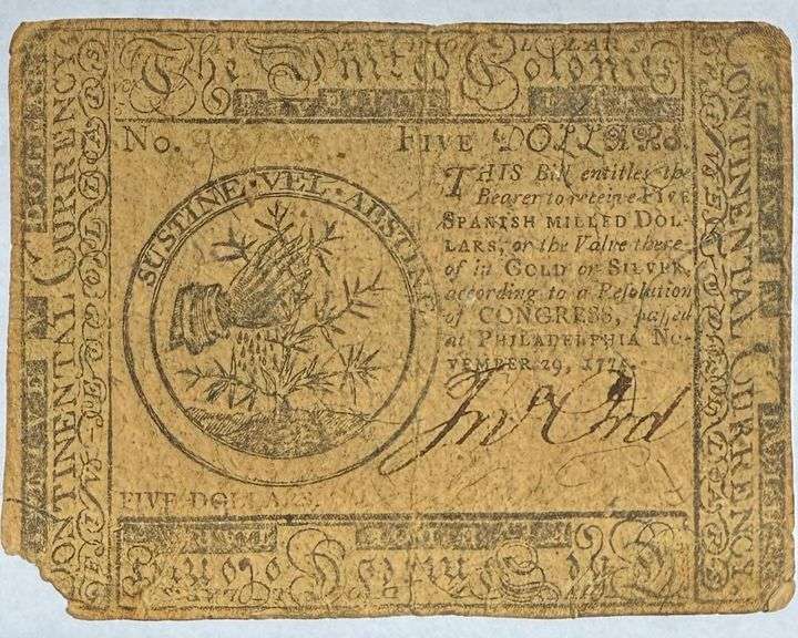 US Nov 29 1775 $5 Continental Currency Note