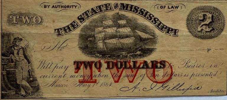 $2 State of Mississippi May 1 1864 Series Note.