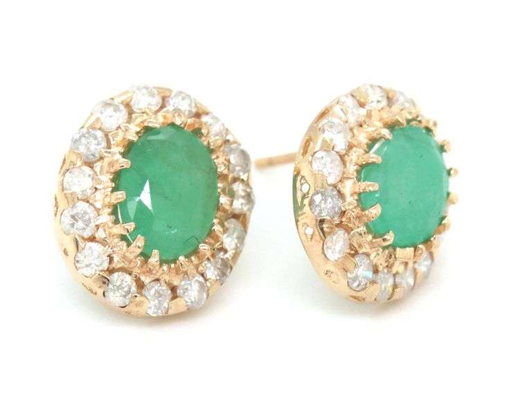 14kt Yellow gold oval emerald and diamond halo earrings