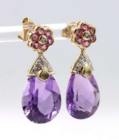 14kt Yellow gold amethyst and multi gemstone dangle earrings