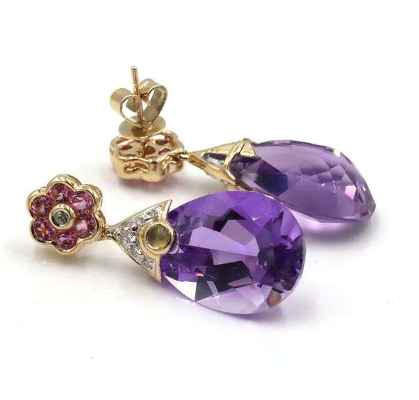 14kt Yellow gold amethyst and multi gemstone dangle earrings