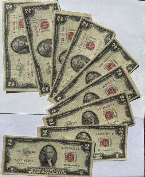 Nine Various 1953 1953 A B Series $2 Red Seal US Notes