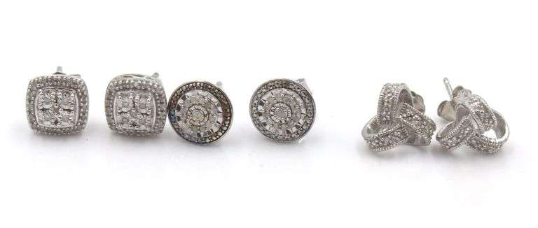3 Pairs of 925 sterling silver diamond stud earrings