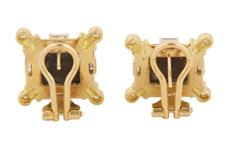 Square Shaped Ammolite and 0.25ctw Baguette and Round Diamond Earrings in 18K