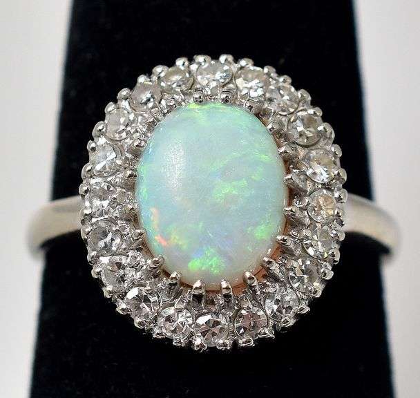 Wonderful 10K White Gold Opal Gemstone and Diamond Ring