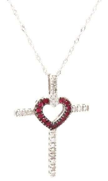 14kt White gold ruby and diamond heart cross pendant on chain