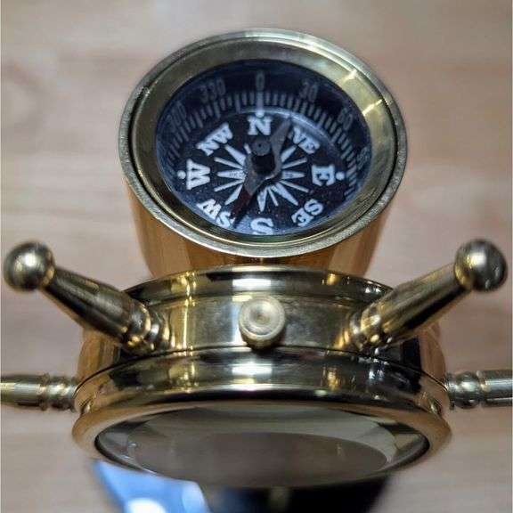 Brass Ship Wheel Compass & Clock