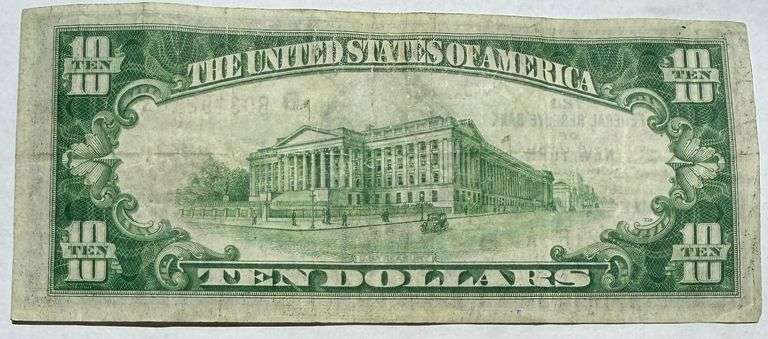 $10 Fed Reserve Bank NY NY Series 1929 Brown Seal National Currency Note.