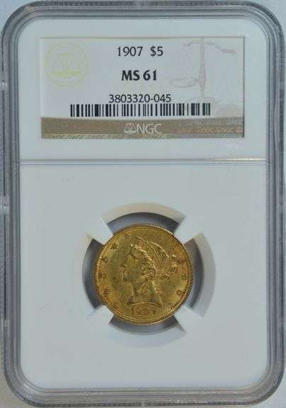 Original BU 1907 US $5 Liberty Gold Piece. NGC MS61