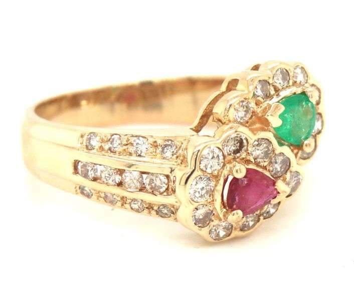 14kt Yellow gold ruby, emerald and diamond bypass ring