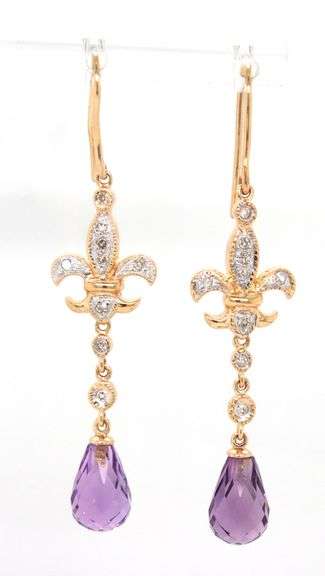 14kt Yellow gold amethyst and diamond Fluer De Lis dangle earrings