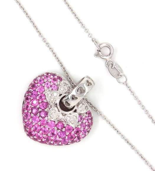 18kt White gold pink sapphire and diamond heart pendant on chain