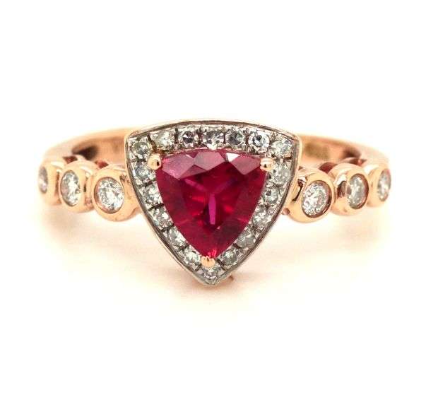 14kt Yellow gold Trillion tourmaline and diamond halo and bezel set shank ring