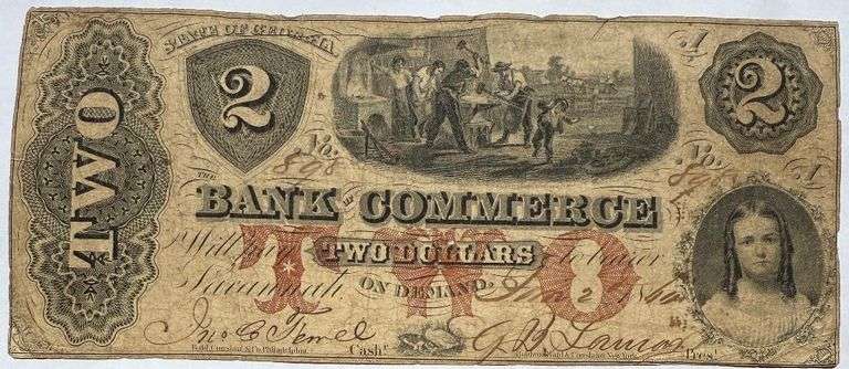 $2 Bank of Commerce Savannah Ga Jan 2 1860 Note.