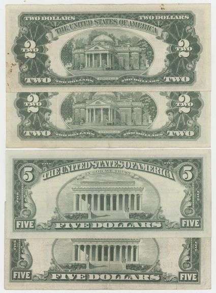 2 $2 Red Seals, $5 Blue Seal, and $5 Red Seal STAR Notes. All crisp