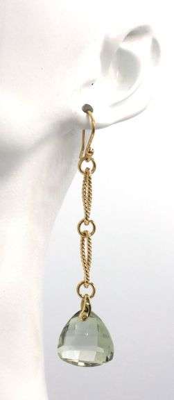 14kt Yellow gold Triangular checkerboard prasiolite dangle earrings