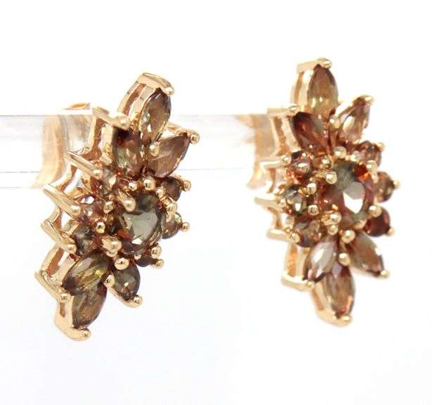 10kt Yellow gold Andalusite marquise and round cluster earrings