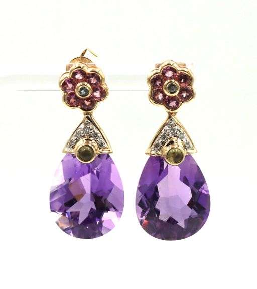 14kt Yellow gold amethyst and multi gemstone dangle earrings
