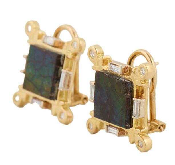 Square Shaped Ammolite and 0.25ctw Baguette and Round Diamond Earrings in 18K