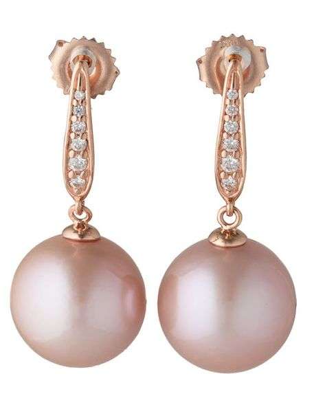 Na Hoku 14.5MM Pink Pearl and 0.20ctw Diamond Drop Earrings in 14K