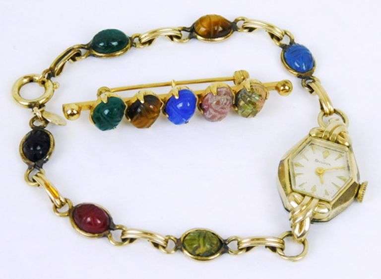 Vintage Gold Filled Bulova Scarab Watch Bracelet & Pin