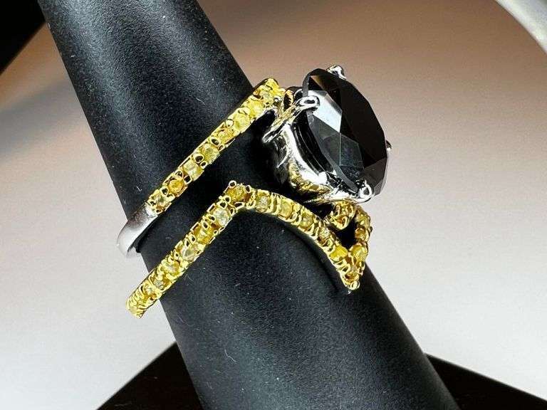 Dazzling 4.75 Ct Silk Black Moissanite 42 Natural Yellow Diamond 2 Band Ring