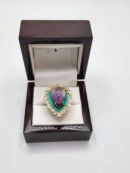Luscious Teardrop Amethyst Ring with Gold Plated Silver and Mine Cut Diamonds