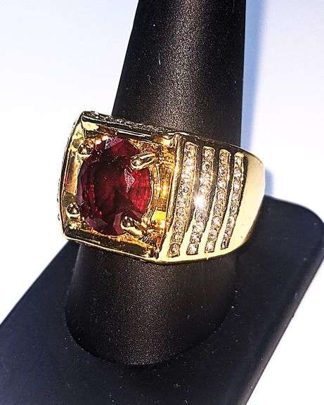 Impressive Mens 14 Kt Yellow Gold Plated 4.5 Ct Lab Simulated Ruby Diamond Ring
