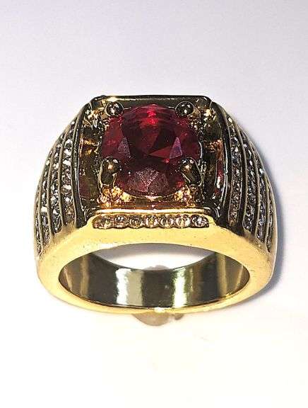 Impressive Mens 14 Kt Yellow Gold Plated 4.5 Ct Lab Simulated Ruby Diamond Ring