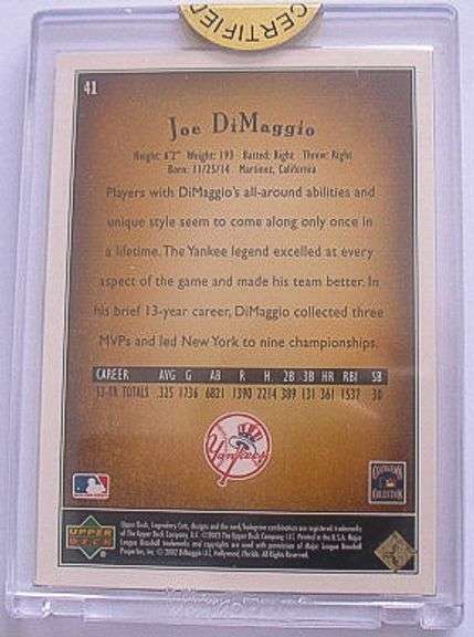 2002 UPPER DECK JOE DIMAGGIO GEM COLLECTION 1 OF 1