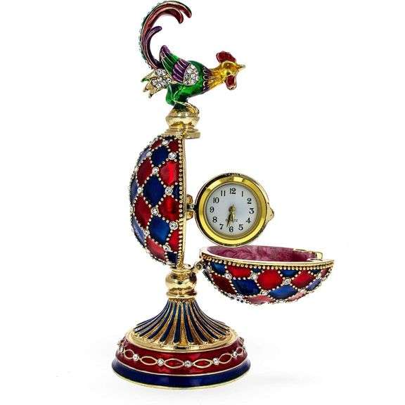 Royal Rooster Clock Egg Gold-Plated with Austrian Crystals