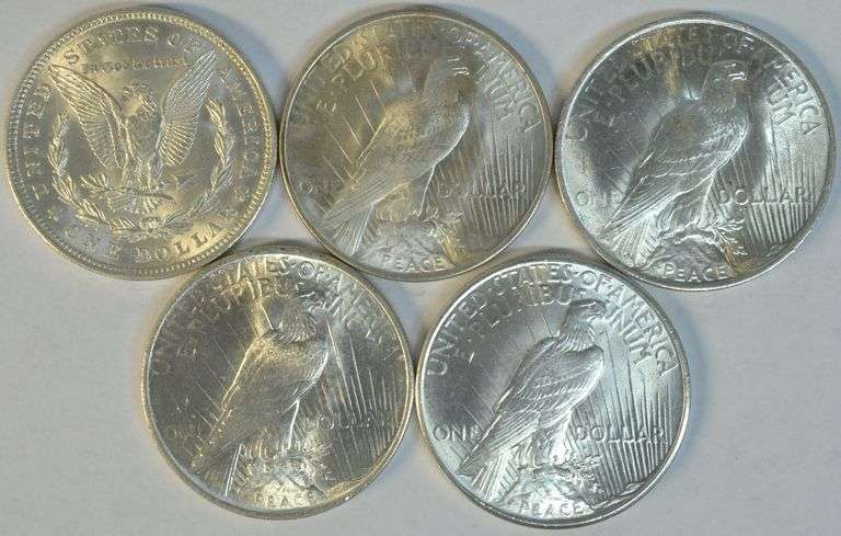 Choice BU run of 5 Diff Silver Dollars 1921 to 1925