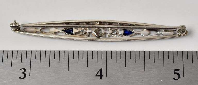 Vintage 14k White Gold Diamond and Blue Sapphire Gemstone Brooch