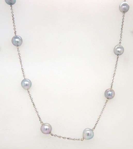 14kt White gold Silver Pearl station necklace