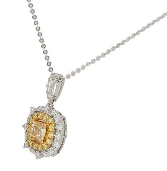 1.18ctw Cushion Round Yellow and White Diamond Double Frame Pendant Necklace in 14K