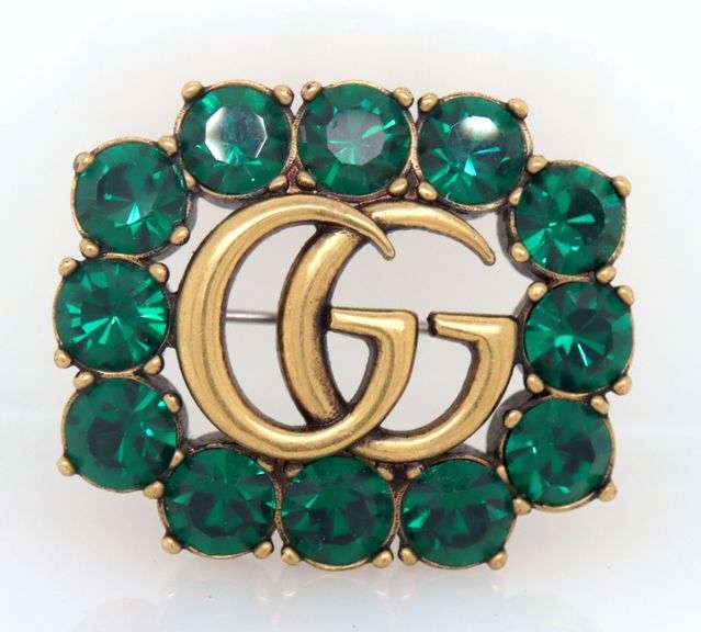 Gucci aged bronze double G Maramont crystal brooch