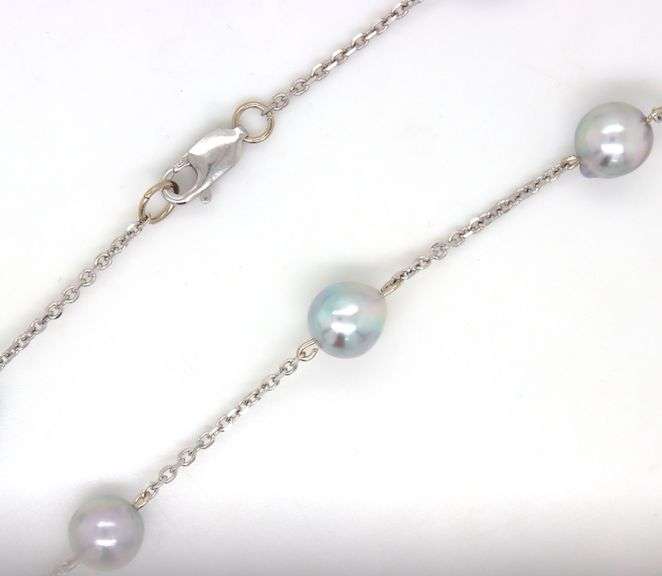 14kt White gold Silver Pearl station necklace