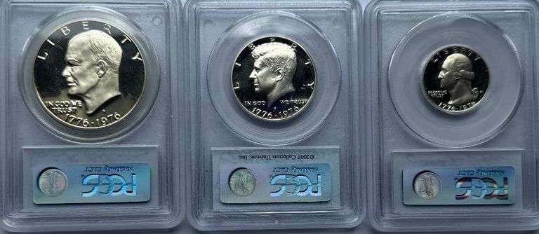 Three 1976 S Silver Gem Proof PCGS Bicentennial Set Designer Signed