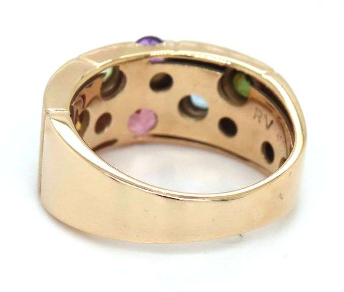 14kt Yellow gold Brushed finish multi stone scatter band