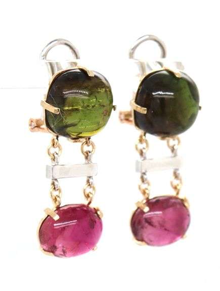 14kt Yellow gold Green and pink tourmaline cab earrings