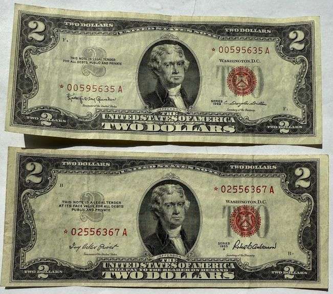 Two Each 1928 F G $2 US Notes First Series Small Size.