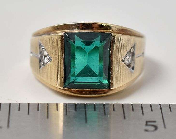 Handsome 10K Yellow Gold Emerald and Diamond Men's Ring