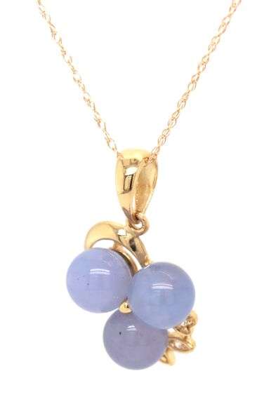14kt Yellow gold Purple Jade and diamond accent 3 stone pendant on chain