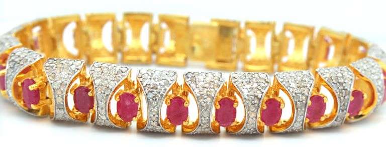 Angelic 11.69CTW Oval Shaped Emerald-Cut Ruby & 3.90CTW Diamond Bracelet in 14K Gold Over Sterling S
