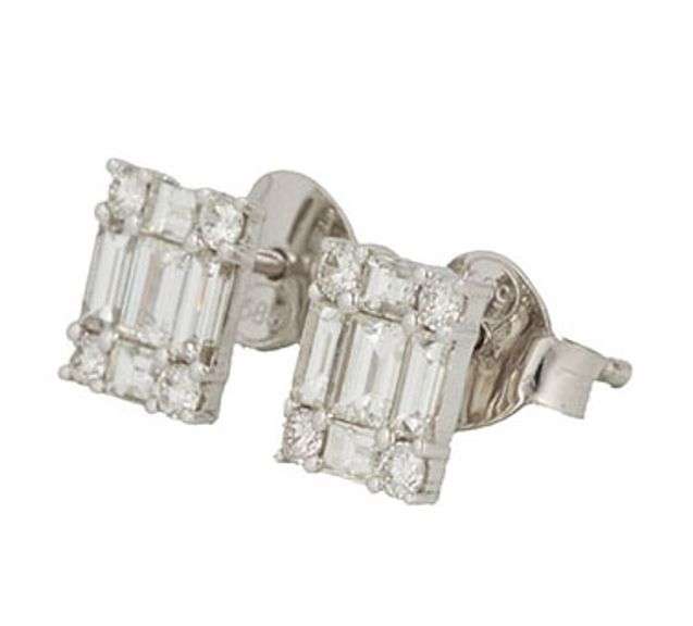 New 0.94ctw Round and Baguette Diamond Mosaic Rectangle Stud Earrings in 14K