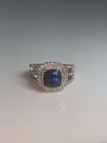 Stunning 14 Kt White Gold Plate 1.75 Ct Midnight Blue Simulated Sapphire Diamond Ringmond Ring