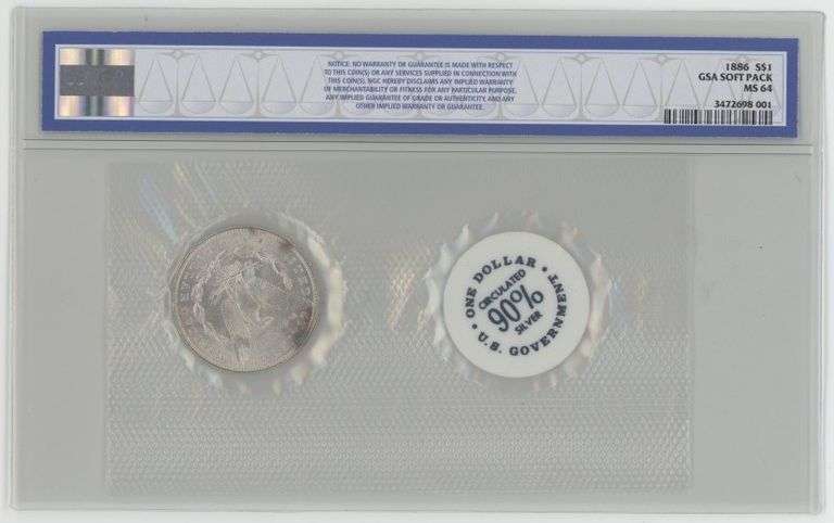 Valuable 1886 Morgan Silver Dollar. GSA SOFT PACK. NGC MS64